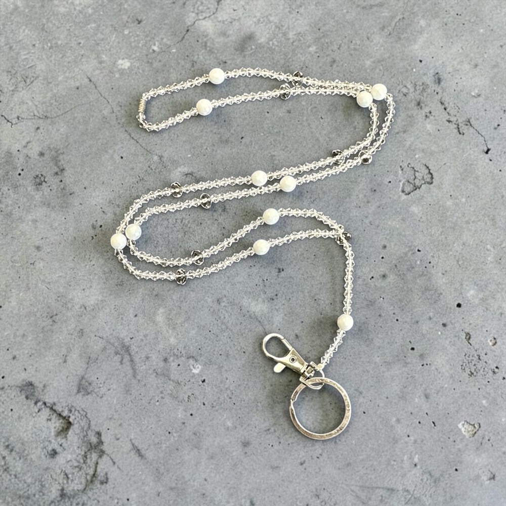 Beaded Lanyard Clear White‎ Crystal ID Badge Holder